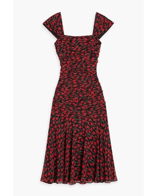 Mikael Aghal Red Ruched Floral-print Chiffon Midi Dress