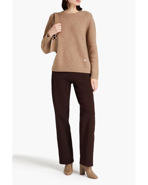 Tory Burch Brown Embroidered Ribbed Cashmere Sweater