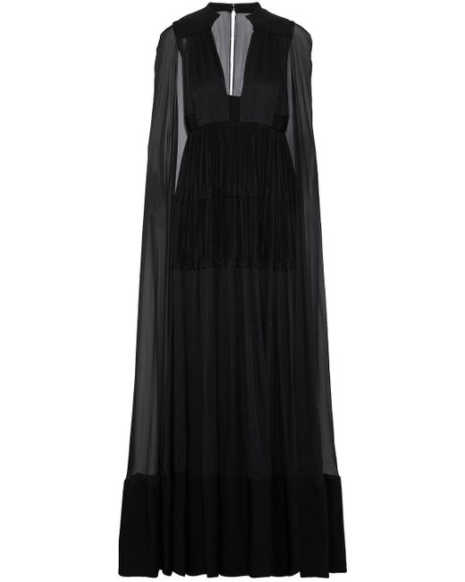 Valentino Black Cape-back Pleated Crepe And Silk-chiffon Gown