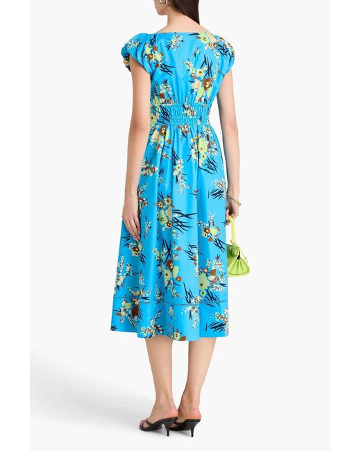 Tory Burch Blue Shirred Floral-print Cotton Midi Dress