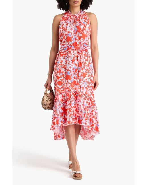Heidi Klein Red Ruffled Floral-Print Linen Midi Dress