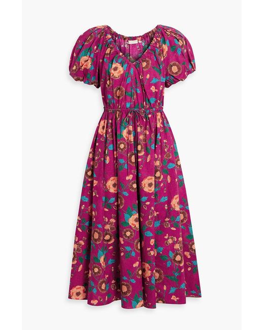 Ulla Johnson Purple Vika Printed Cotton-Poplin Midi Dress