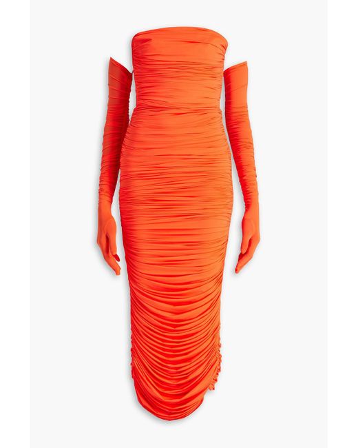 Alex Perry Orange Strapless Ruched Neon Stretch-jersey Midi Dress