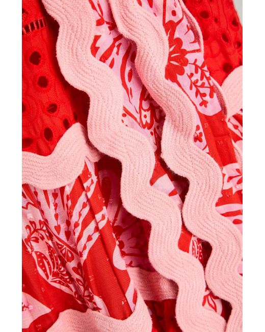 Farm Rio Red Tie Swiss Dot-paneled Broderie Anglaise Cotton Midi Dress