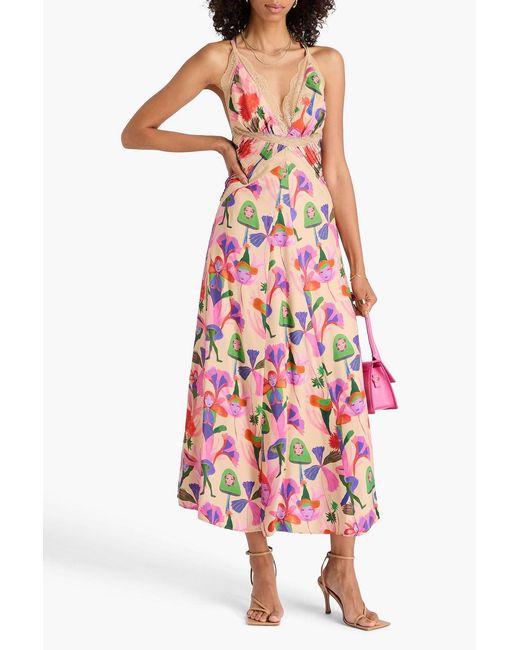 Farm Rio White Lace-trimmed Printed Satin Midi Dress