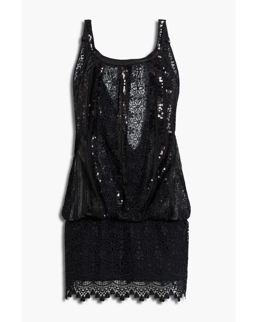 Charo Ruiz Black Sequin-Embellished Cotton-Blend Crocheted Lace Mini Dress