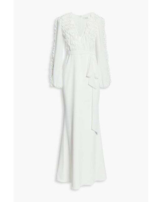 Badgley Mischka White Belted Ruffled Chiffon-paneled Crepe Gown