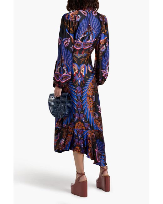 Farm Rio Blue Asymmetric Printed Satin Midi Wrap Dress