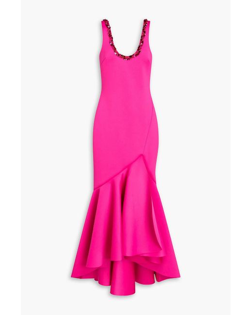 Badgley Mischka Pink Asymmetric Embellished Scuba Gown