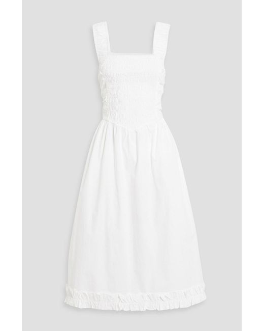 Ganni White Shirred Cutout Cotton-Poplin Midi Dress