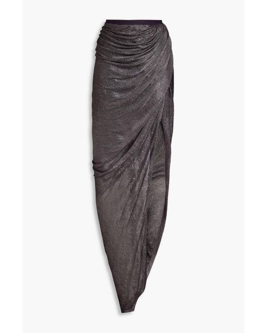 Rick Owens Gray Wrap-effect Ruched Metallic Knitted Maxi Skirt