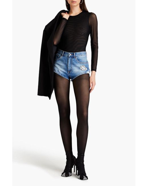 Area Blue Crystal-embellished Distressed Denim Shorts