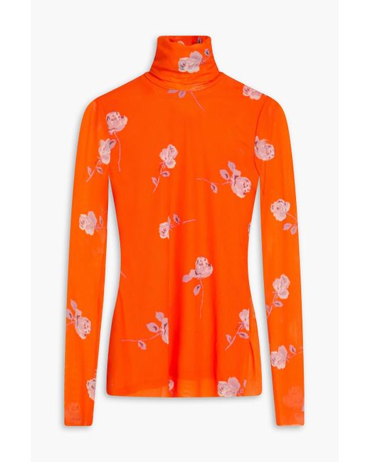 Ganni Orange Floral-print Stretch-mesh Turtleneck Top