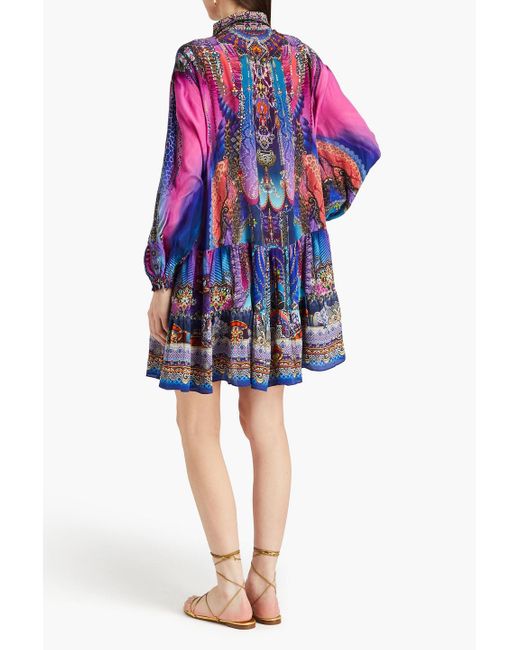 Camilla Blue Crystal-embellished Printed Silk Crepe De Chine Mini Shirt Dress