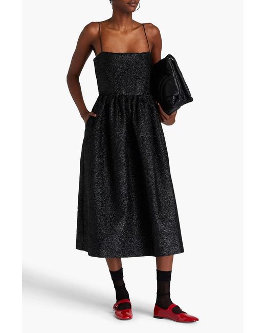 Stine Goya Black Anny Gathered Tinsel Midi Dress