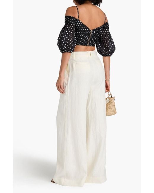 Zimmermann Black Cropped Cold-shoulder Pleated Polka-dot Organza Top