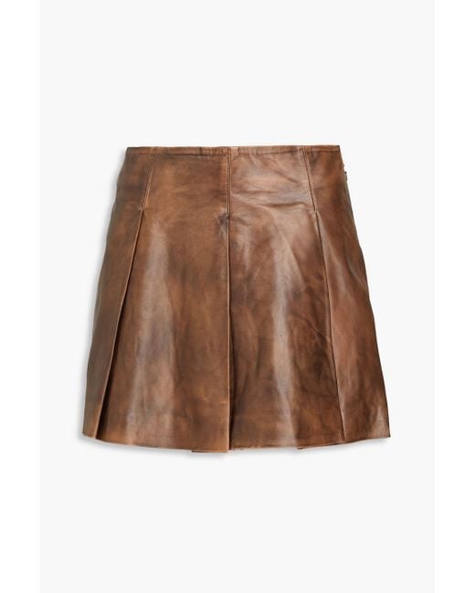 REMAIN Birger Christensen Brown Pleated Leather Mini Skirt