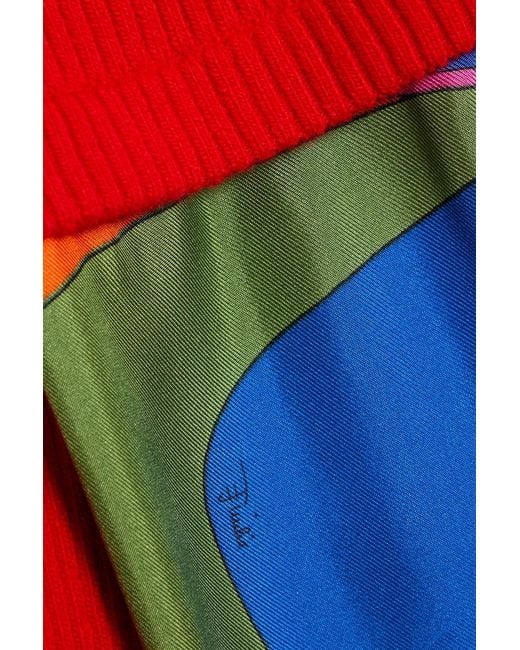Emilio Pucci Red Printed Twill And Ribbed Wool-Blend Mock-Neck Sweater