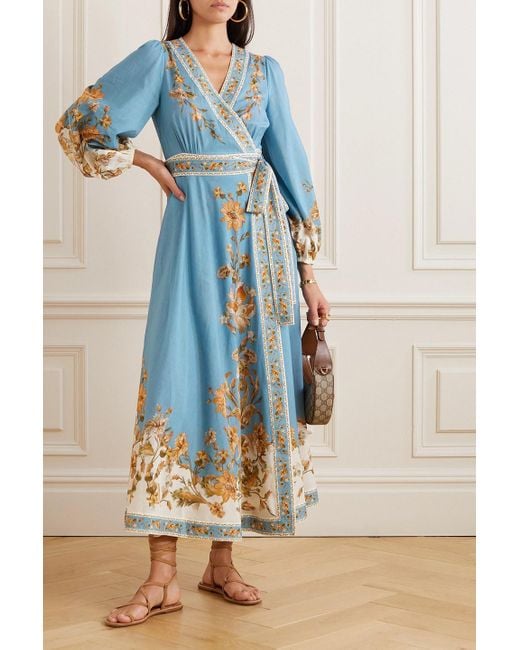 Zimmermann Blue Chintz midikleid aus baumwolle mit blumenprint und bindegürtel