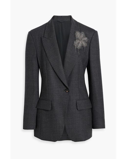 Brunello Cucinelli Black Bead-Embellished Wool And Cotton-Blend Blazer