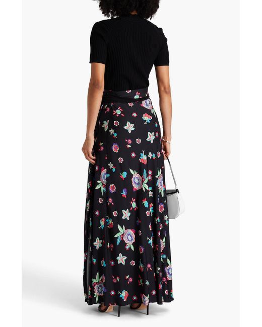 Diane von Furstenberg Black Krisa Floral-print Crepe De Chine Maxi Wrap Skirt
