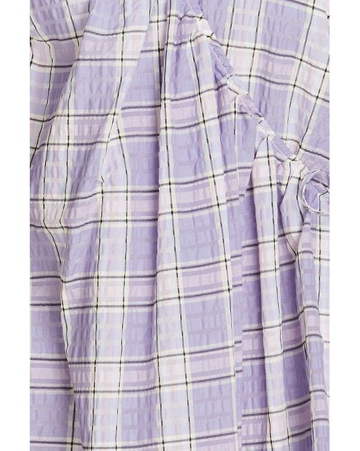 Ganni Purple Checked Cotton-blend Seersucker Mini Wrap Dress