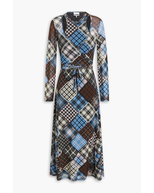 Ganni Blue Patchwork-effect Stretch-mesh Midi Dress