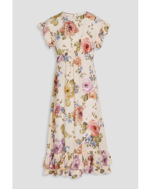 Zimmermann White Ruffled Floral-print Crepe De Chine Midi Dress