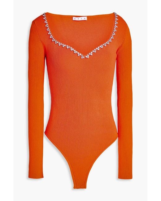 Area Orange Crystal-embellished Ribbed-knit Bodysuit