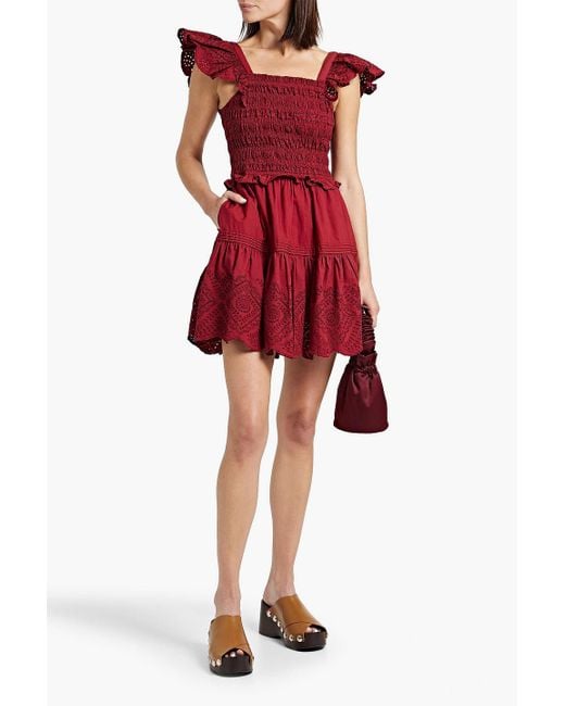 Sea Red Vivienne minikleid aus baumwolle mit raffung, lochstickerei und rüschen