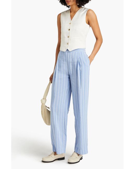 Vince Blue Pleated Striped Woven Wide-leg Pants
