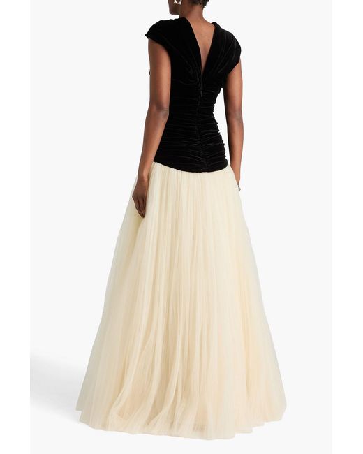 Costarellos Natural Celestine Cutout Velvet-Paneled Tulle Gown