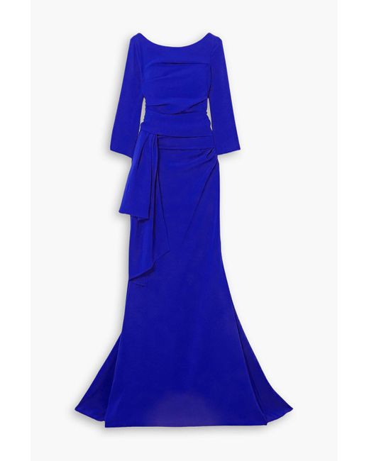Talbot Runhof Blue Ruched Draped Crepe Gown