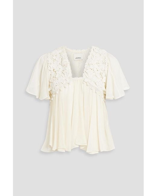 Isabel Marant Natural Rita Crocheted Lace-Trimmed Silk-Crepe Top