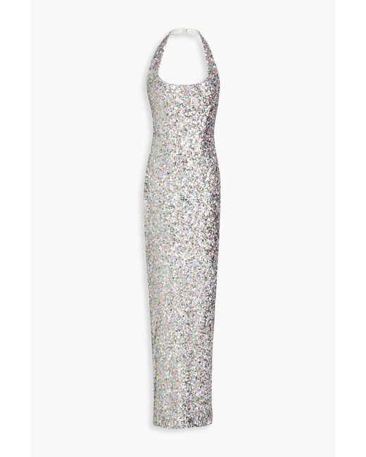 Rasario White Sequined Tulle Halterneck Gown