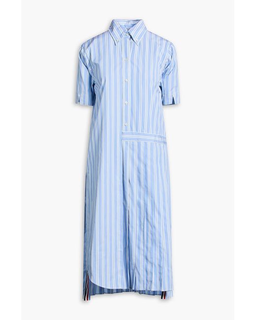 Thom Browne Blue Pleated Striped Cotton-Poplin Midi Shirt Dress