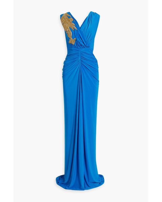 Rhea Costa Blue Bead-embellished Ruched Jersey Gown