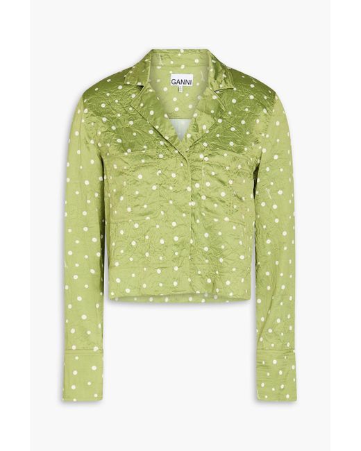 Ganni Green Cropped Polka-dot Satin Shirt