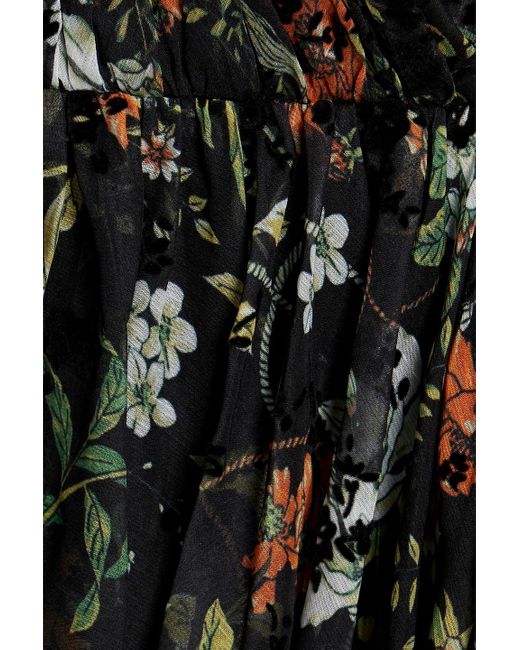 Mikael Aghal Black Flocked Floral-print Chiffon Midi Dress