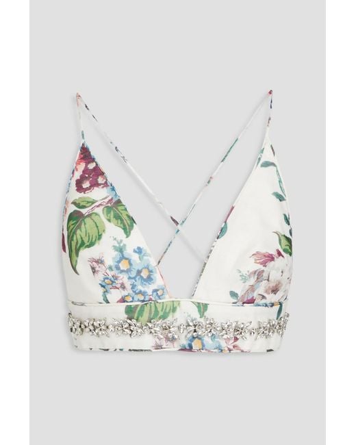 Zimmermann Blue Crystal-embellished Floral-print Linen And Silk-blend Bra Top