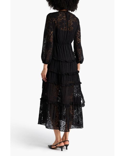 Maje Black Ruffled Devoré-Organza Midi Dress