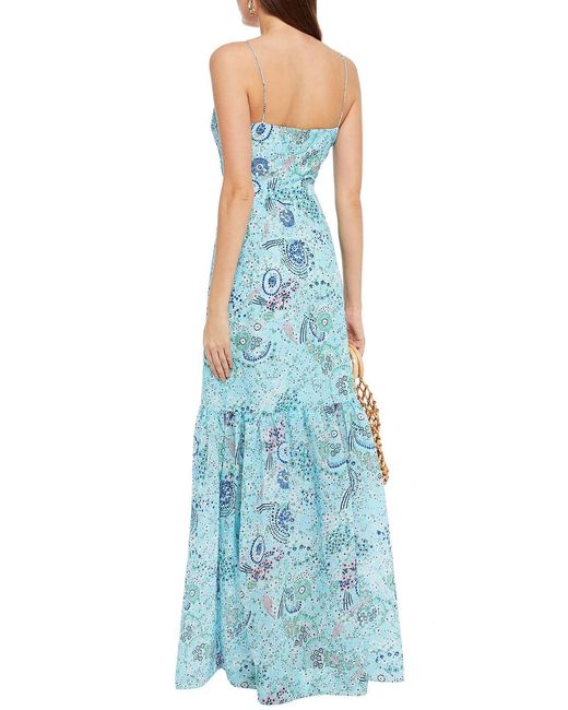 Saloni Blue Ruffled Floral-print Cotton-blend Jacquard Maxi Dress
