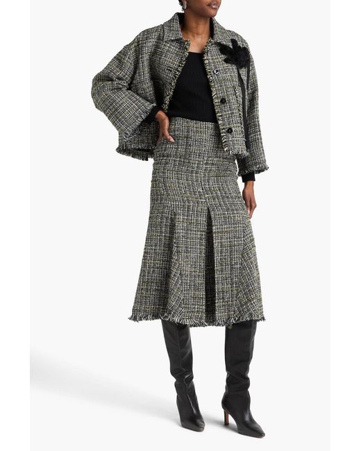 Erdem Gray Pleated Frayed Bouclé-tweed Midi Skirt