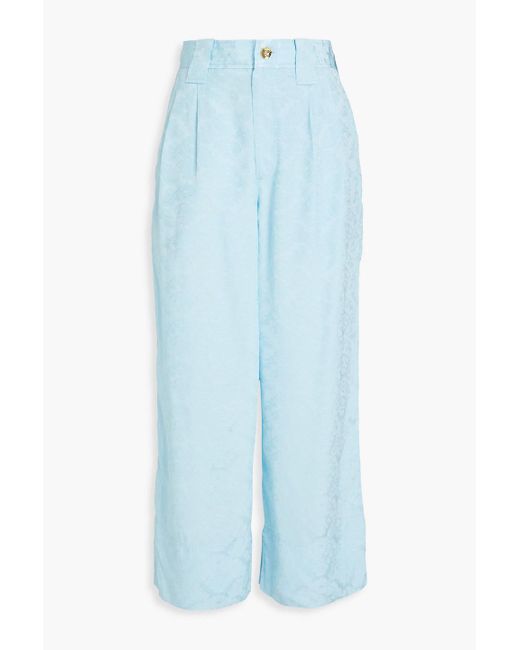 Ganni Blue Cropped Pleated Satin-Jacquard Wide-Leg Pants
