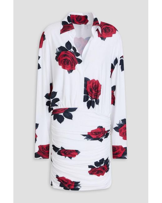 Norma Kamali White Floral-Print Jersey Mini Shirt Dress