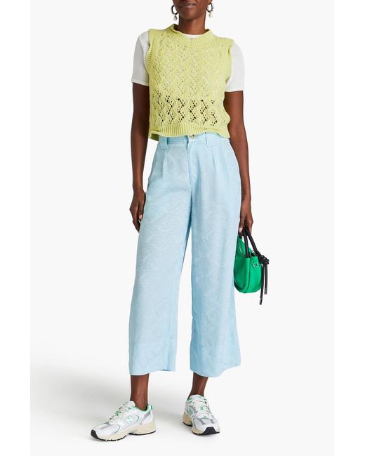 Ganni Blue Cropped Pleated Satin-Jacquard Wide-Leg Pants