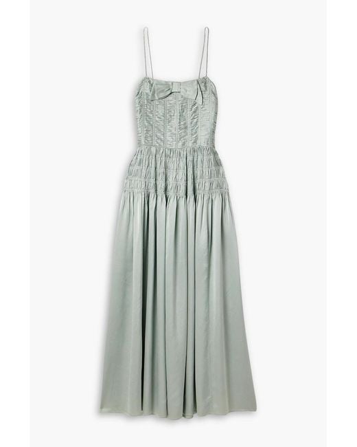 Doen Blue Ambrosia Bow-Detailed Shirred Silk-Satin Midi Dress