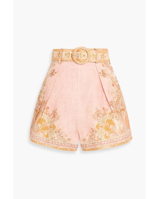 Zimmermann Pink Belted Pleated Paisley-Print Linen Shorts