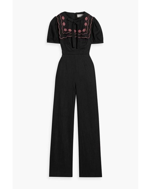 Saloni Black Marlowe Embroidered Linen Wide-leg Jumpsuit