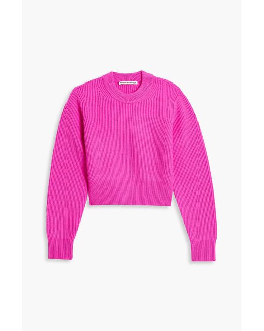 T By Alexander Wang Pink Cropped Ribbed Wool-blend Sweater